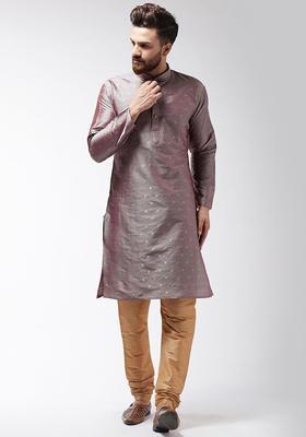 Brown Self Design Silk Kurta Set For Men