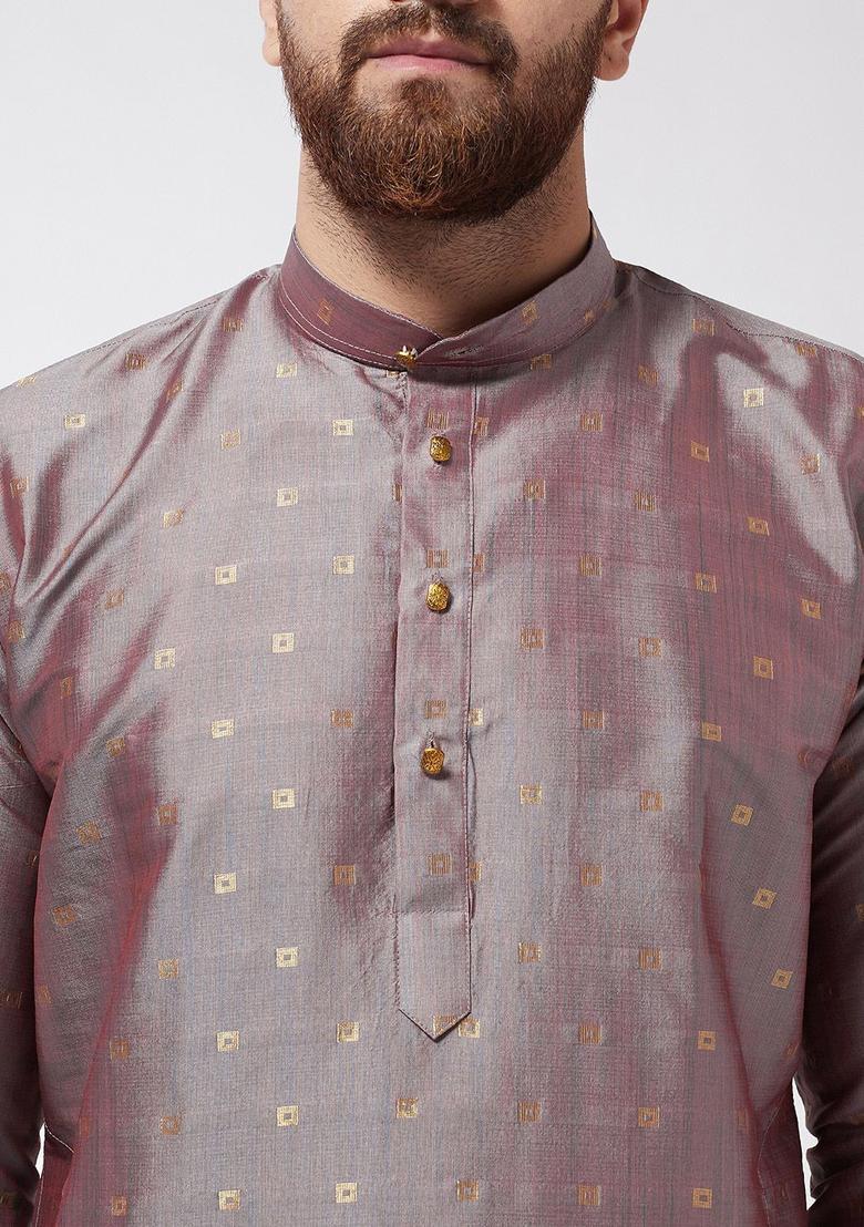 Brown Self Design Silk Kurta Set For Men - Indya