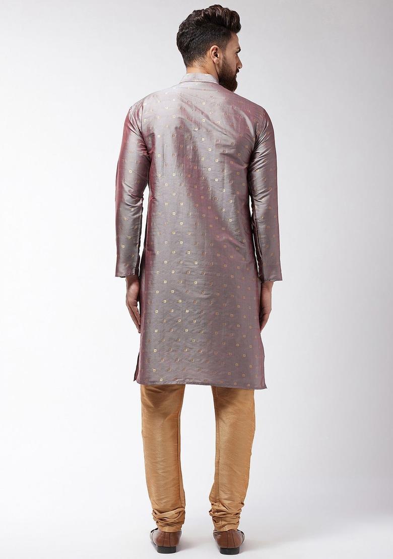 Brown Self Design Silk Kurta Set For Men - Indya