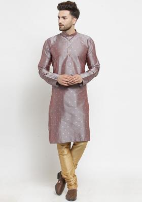 Grey Self Design Silk Kurta Set For Men