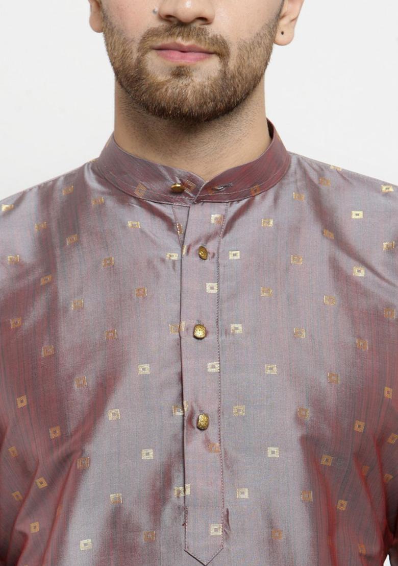 Grey Self Design Silk Kurta Set For Men - Indya