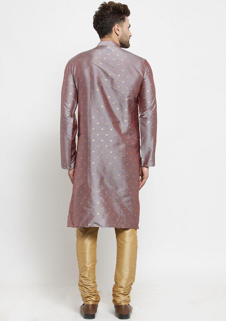 Grey Self Design Silk Kurta Set For Men - Indya