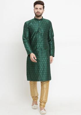 Green Self Design Silk Kurta Set For Men
