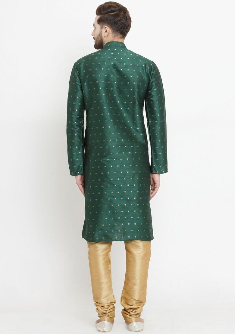 Green Self Design Silk Kurta Set For Men - Indya