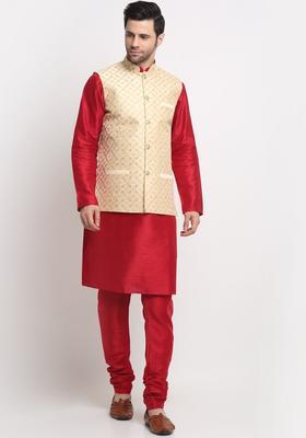 Maroon Embroidered Silk Kurta Set For Men