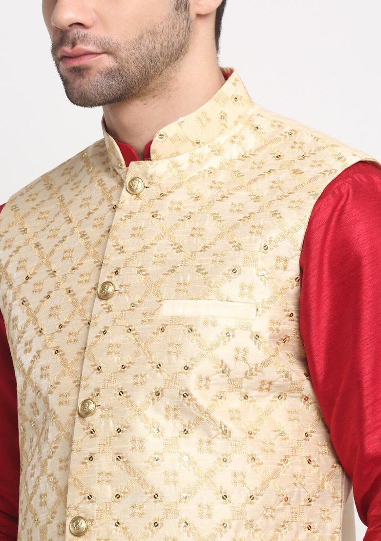Maroon Embroidered Silk Kurta Set For Men - Indya