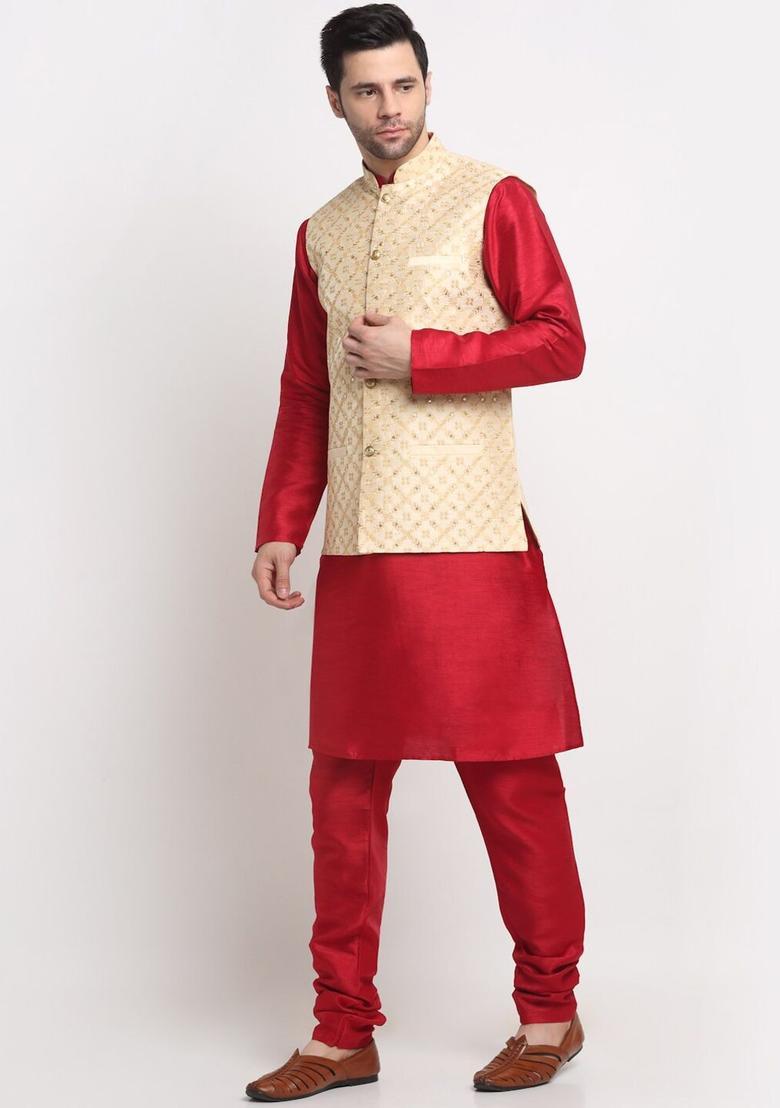 Maroon Embroidered Silk Kurta Set For Men - Indya