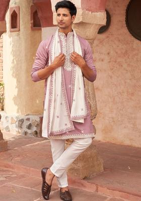 Purple Embroidered Silk Kurta Set For Men
