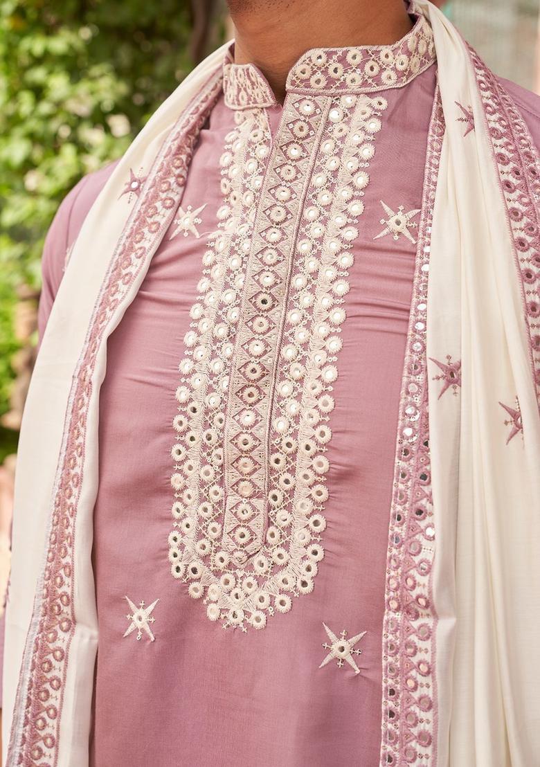 Purple Embroidered Silk Kurta Set For Men - Indya
