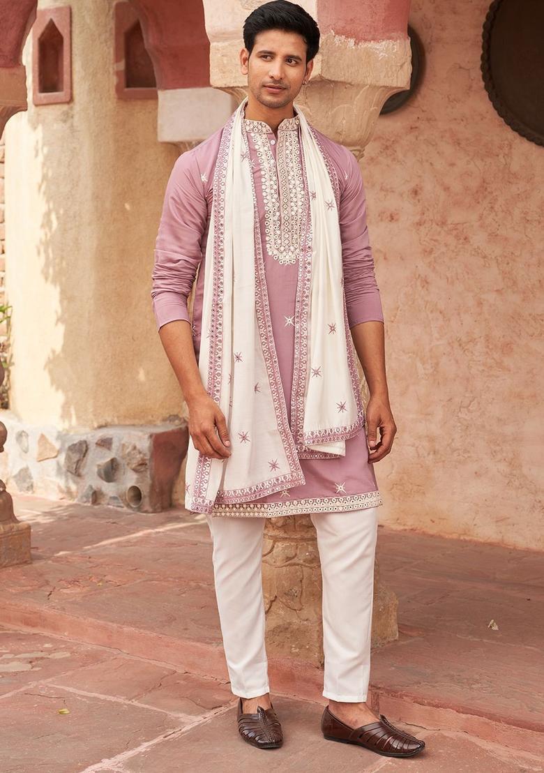 Purple Embroidered Silk Kurta Set For Men - Indya
