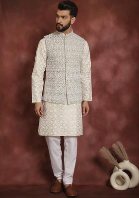 Beige Embroidered Silk Kurta Set For Men