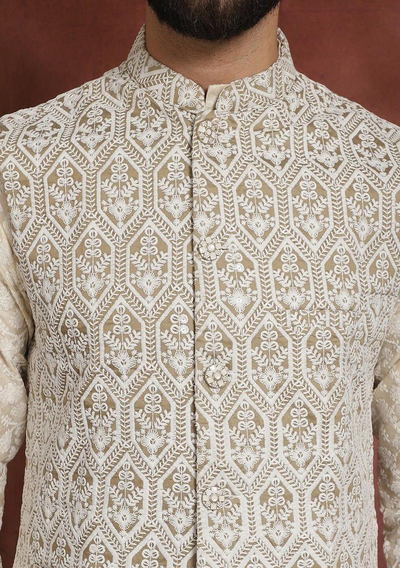 Beige Embroidered Silk Kurta Set For Men - Indya