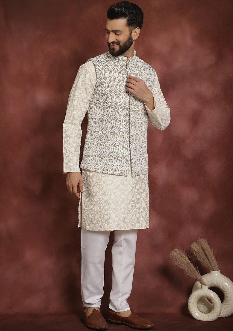 Beige Embroidered Silk Kurta Set For Men - Indya