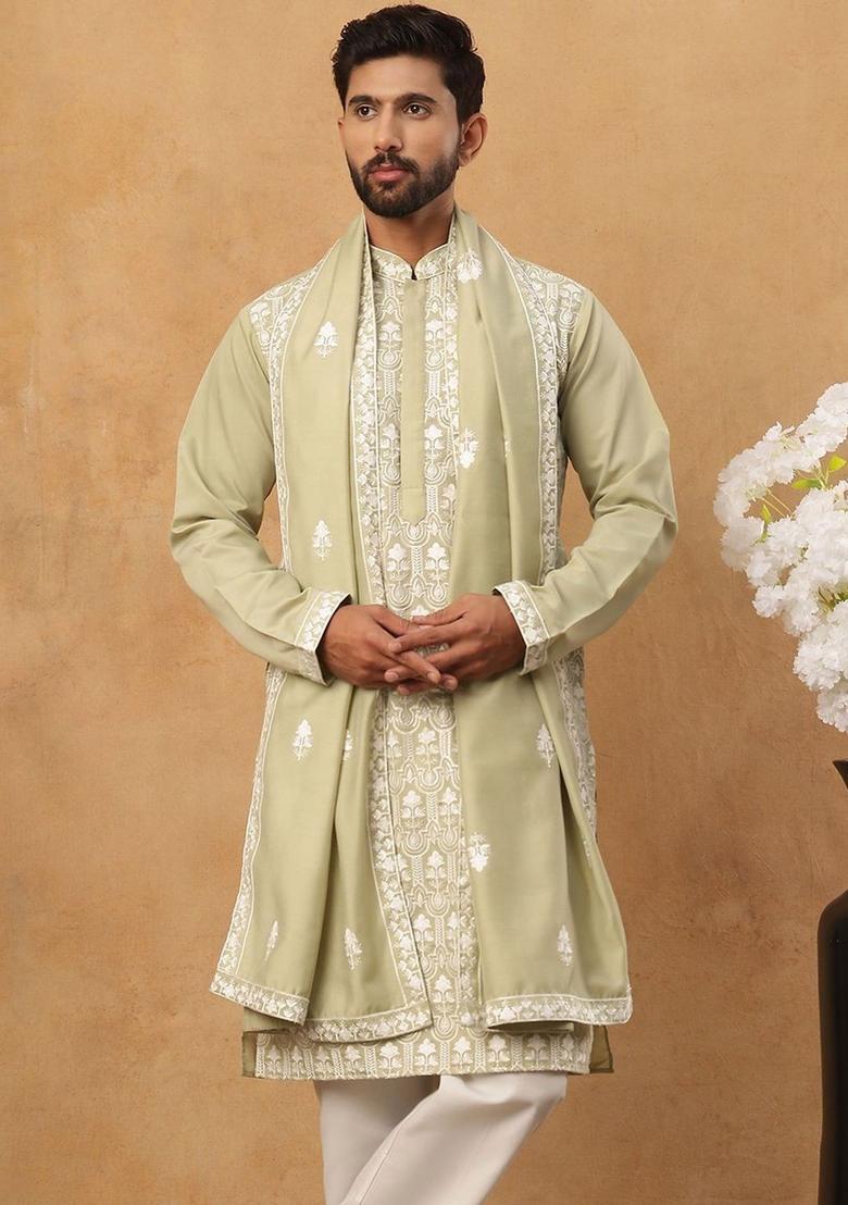 Green Embroidered Silk Kurta Set For Men - Indya