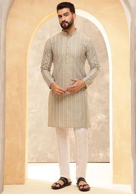 Beige Embroidered Cotton Kurta Set For Men