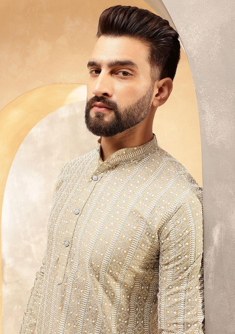 Beige Embroidered Cotton Kurta Set For Men - Indya