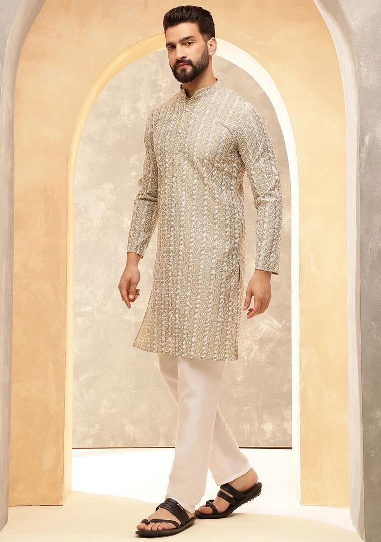 Beige Embroidered Cotton Kurta Set For Men - Indya