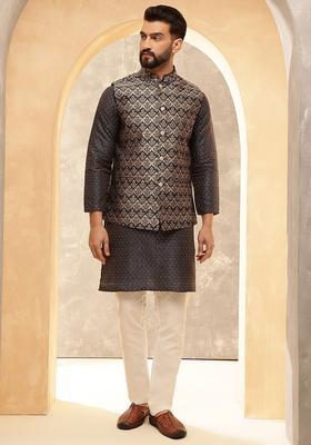 Black Woven Design Silk Kurta Set For Men