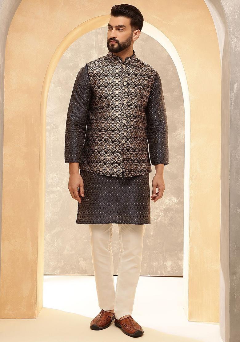 Black Woven Design Silk Kurta Set For Men - Indya