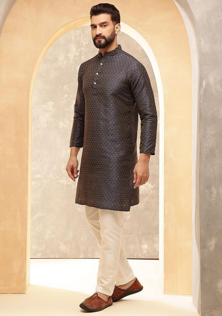 Black Woven Design Silk Kurta Set For Men - Indya