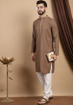 Brown Embroidered Cotton Kurta Set For Men