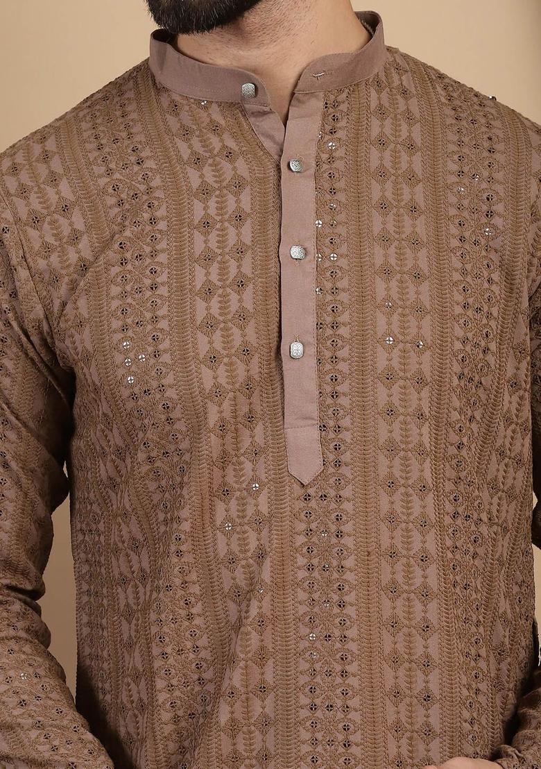 Brown Embroidered Cotton Kurta Set For Men - Indya