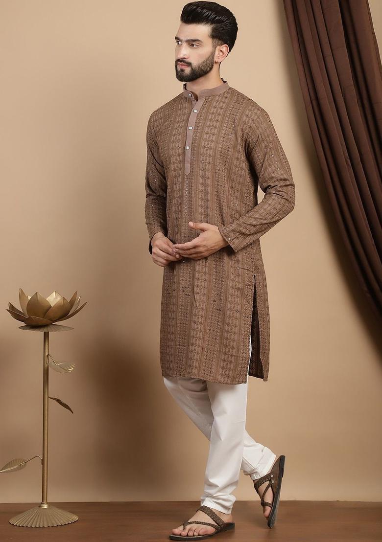 Brown Embroidered Cotton Kurta Set For Men - Indya