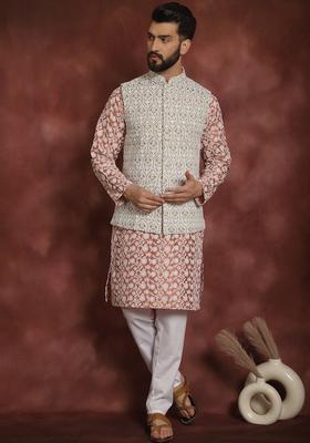 Peach Embroidered Silk Kurta Set For Men