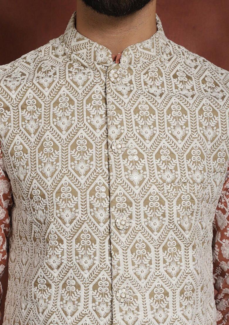 Peach Embroidered Silk Kurta Set For Men - Indya