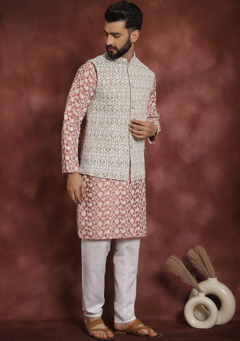 Peach Embroidered Silk Kurta Set For Men - Indya