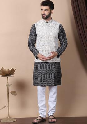 Black Printed Silk Kurta Set For Men
