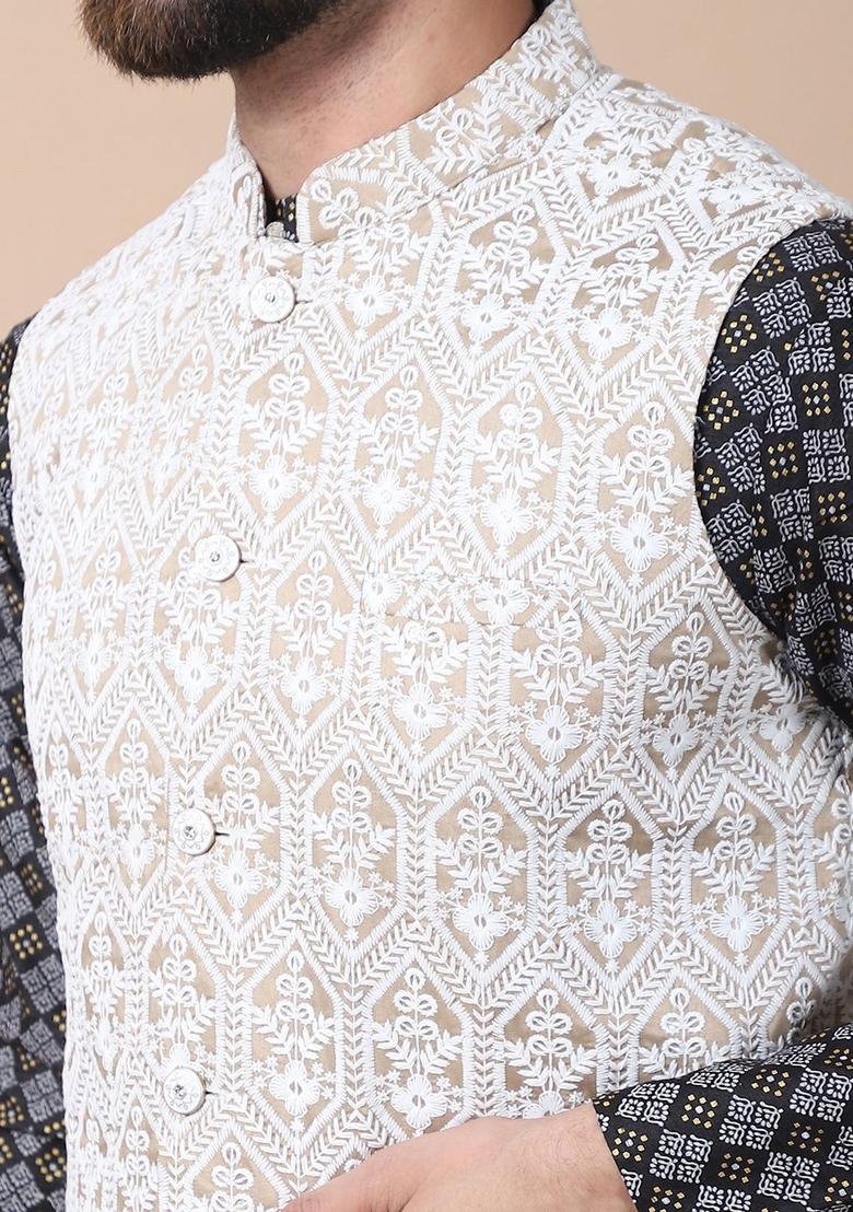 Black Printed Silk Kurta Set For Men - Indya