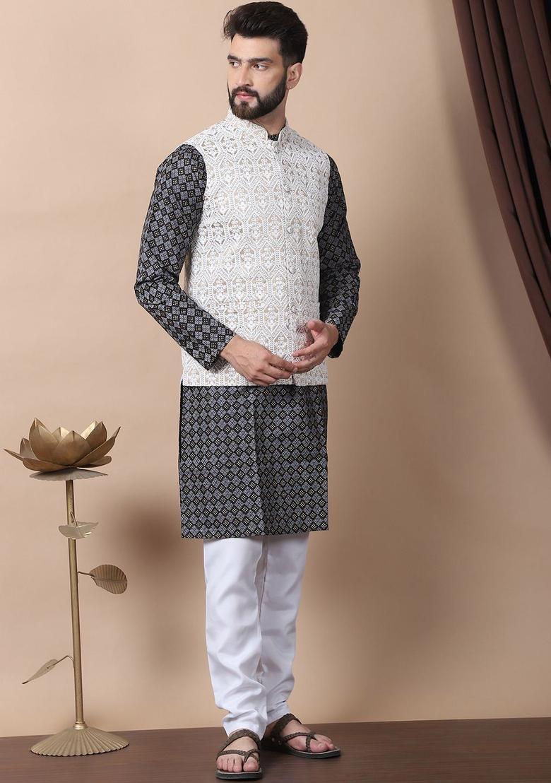 Black Printed Silk Kurta Set For Men - Indya