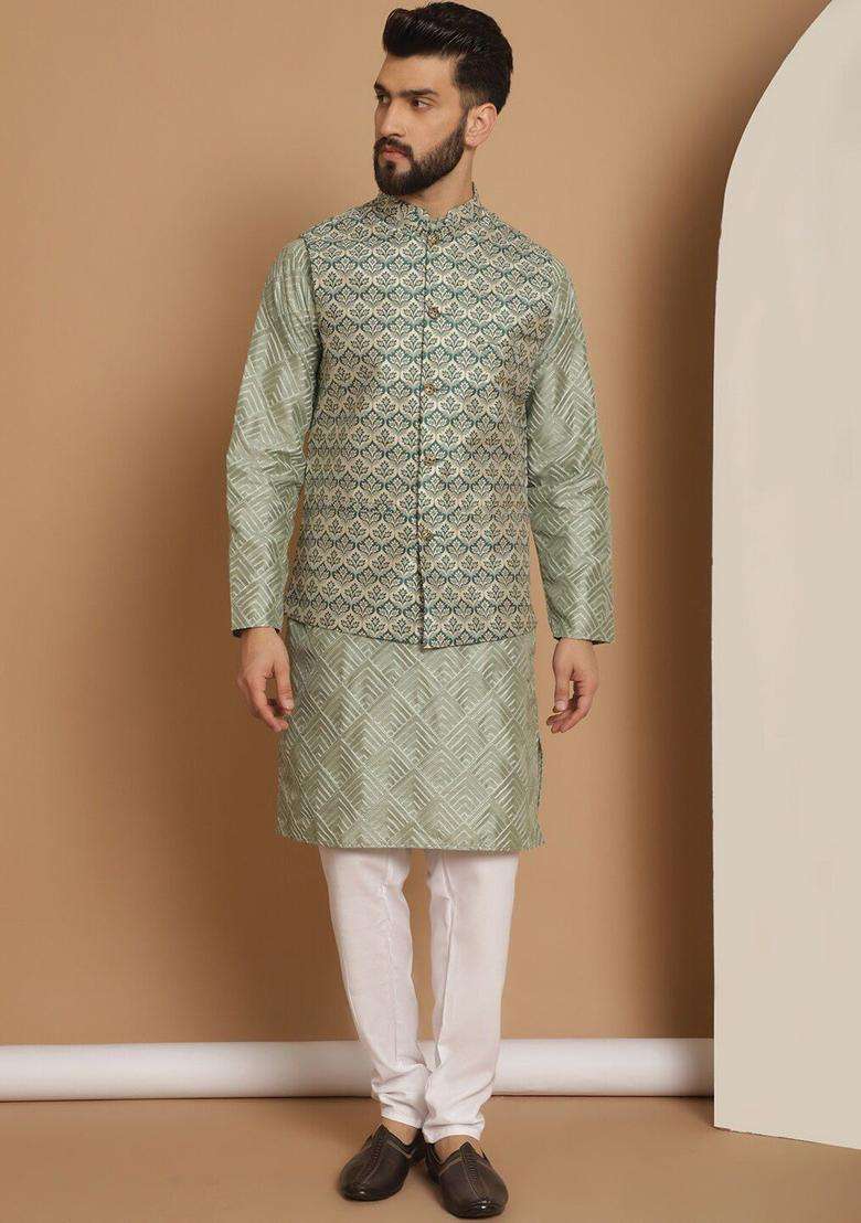 Olive Embroidered Silk Blend Kurta Set For Men - Indya