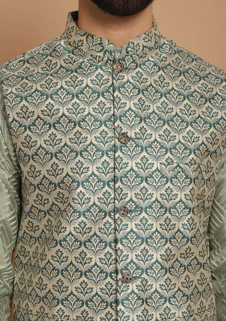 Olive Embroidered Silk Blend Kurta Set For Men - Indya
