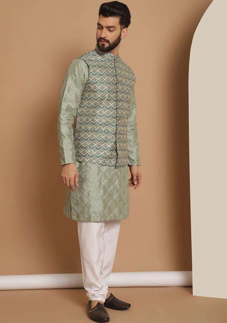Olive Embroidered Silk Blend Kurta Set For Men - Indya