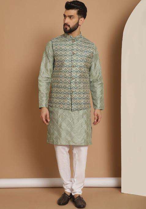 Olive Embroidered Silk Blend Kurta Set For Men