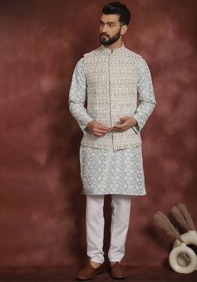 Grey Embroidered Silk Kurta Set For Men