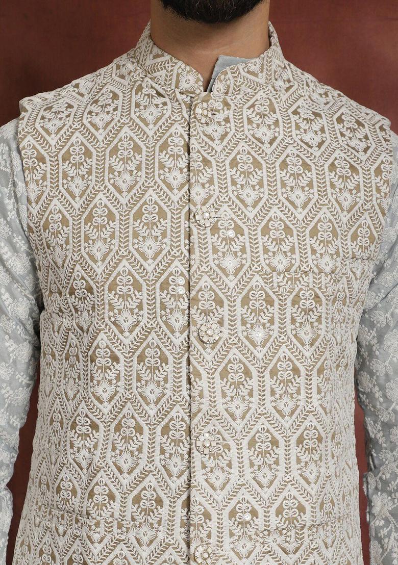 Grey Embroidered Silk Kurta Set For Men - Indya