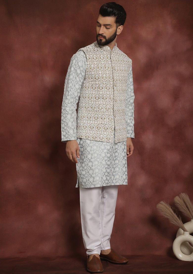 Grey Embroidered Silk Kurta Set For Men - Indya