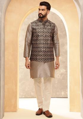 Grey Embroidered Silk Kurta Set For Men