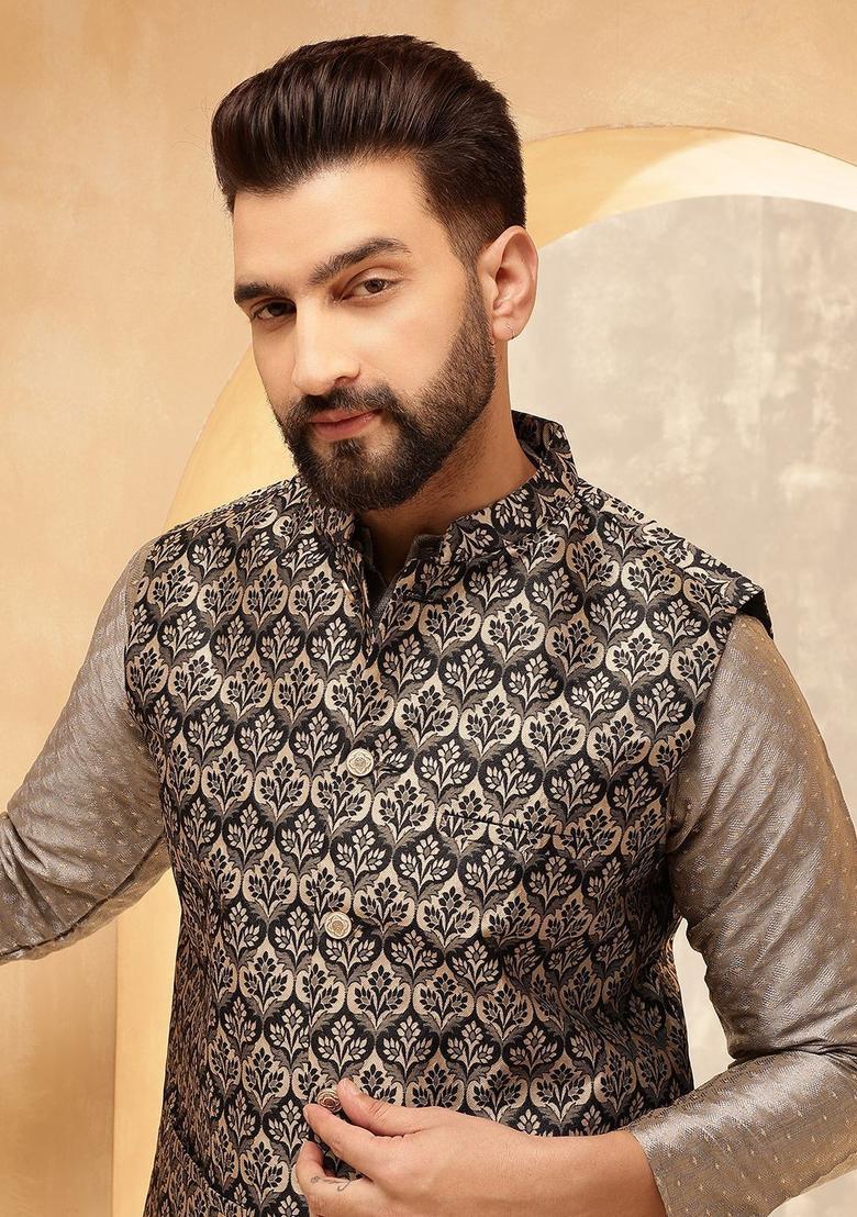 Grey Embroidered Silk Kurta Set For Men - Indya