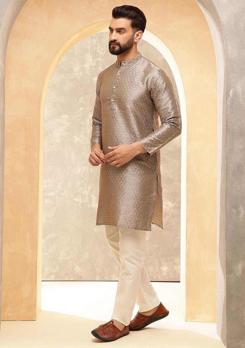 Grey Embroidered Silk Kurta Set For Men - Indya