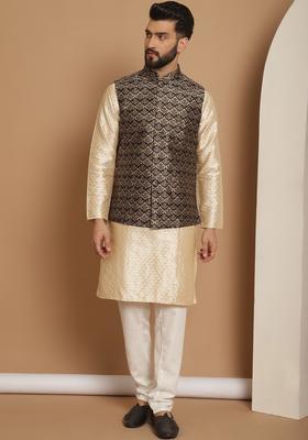 Beige Printed Silk Blend Kurta Set For Men