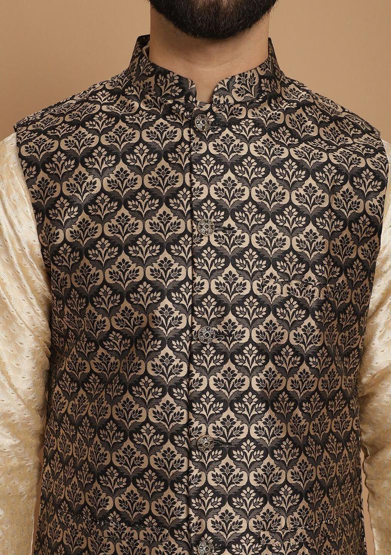 Beige Printed Silk Kurta Set For Men - Indya