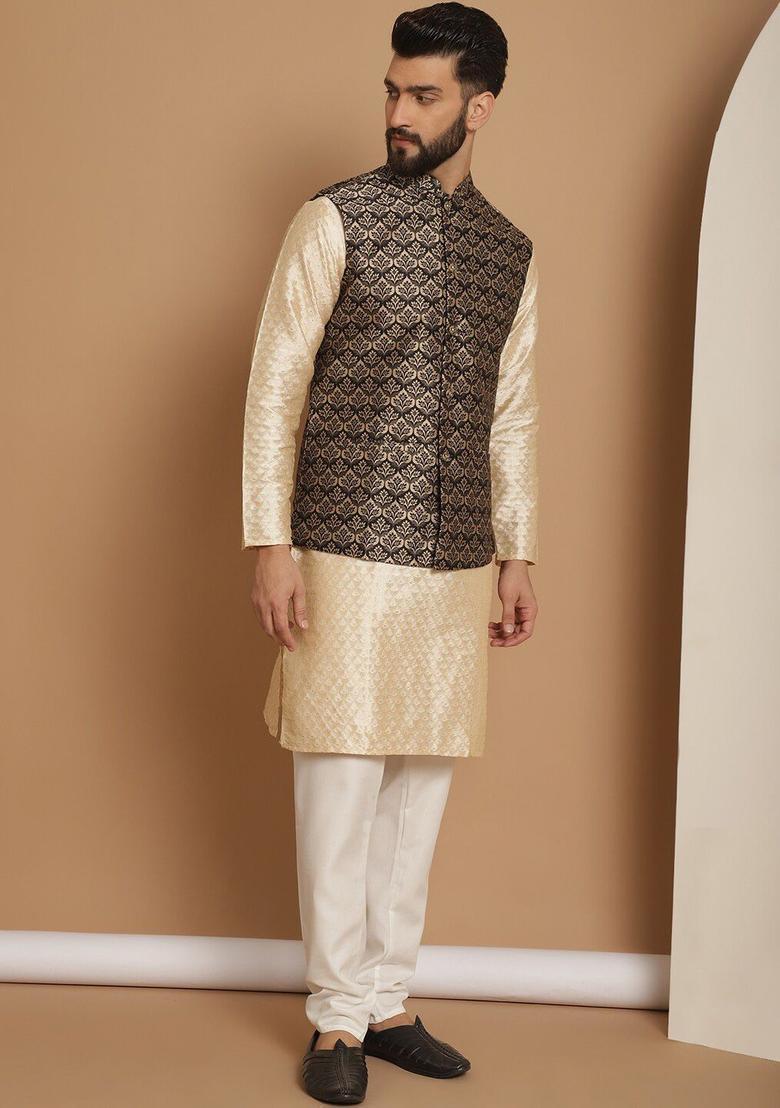 Beige Printed Silk Kurta Set For Men - Indya