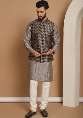 Grey Woven Design Silk Kurta Set For Men