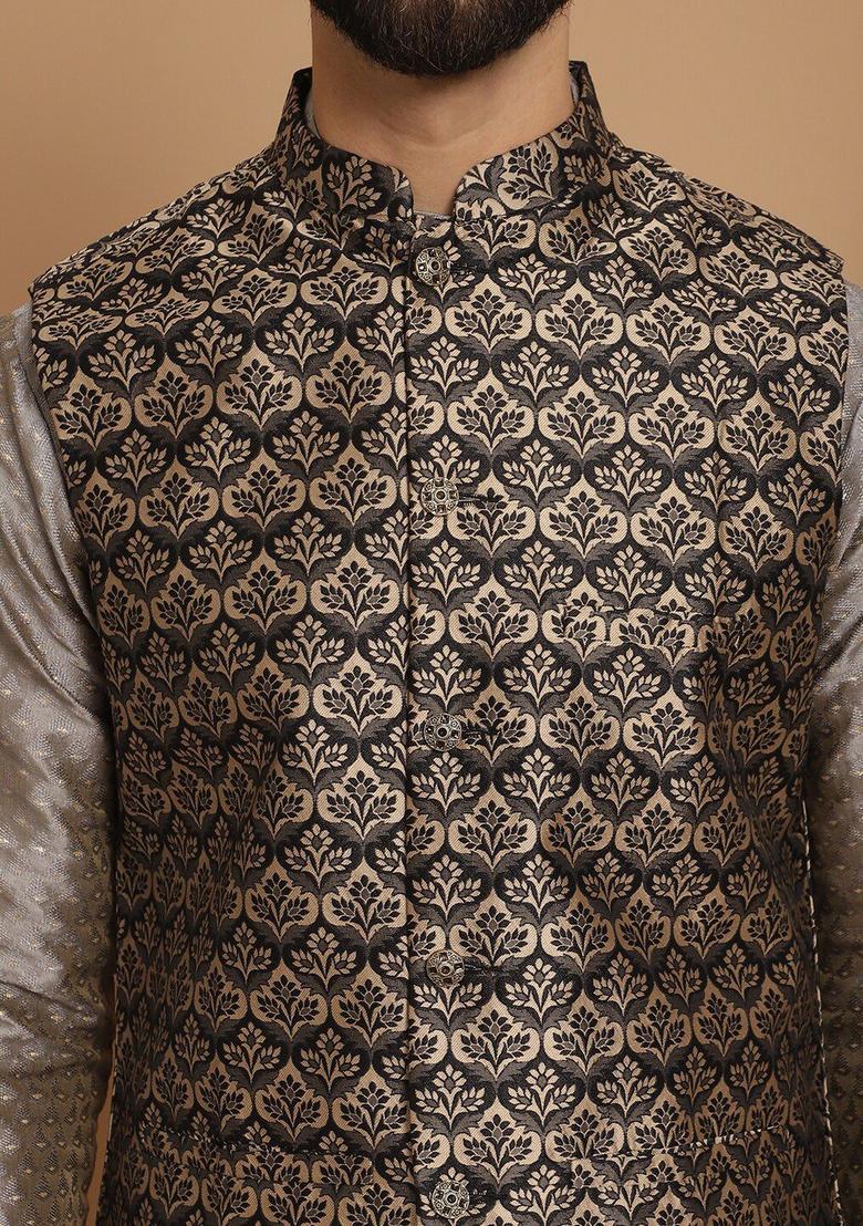 Grey Woven Design Silk Kurta Set For Men - Indya