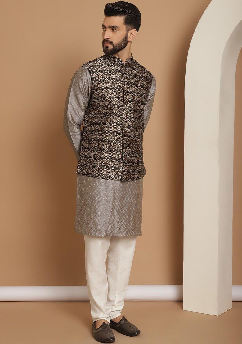 Grey Woven Design Silk Kurta Set For Men - Indya