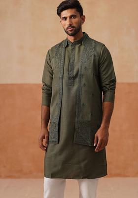 Olive Solid Silk Kurta Set For Men